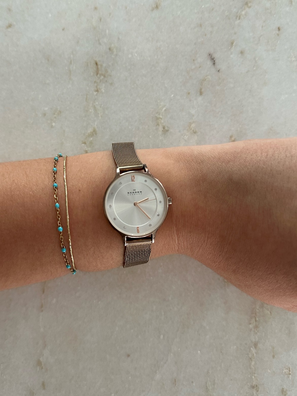 Skagen Rose Gold Mesh Women's Watch with Silver Dial